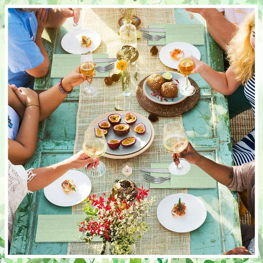 60 قطعة مناديل ورقية من الكتان الأخضر المريمية مع أدوات مائدة مدمجة وجيب مناديل كتان قماش مطوية مسبقًا مثل المناديل الورقية