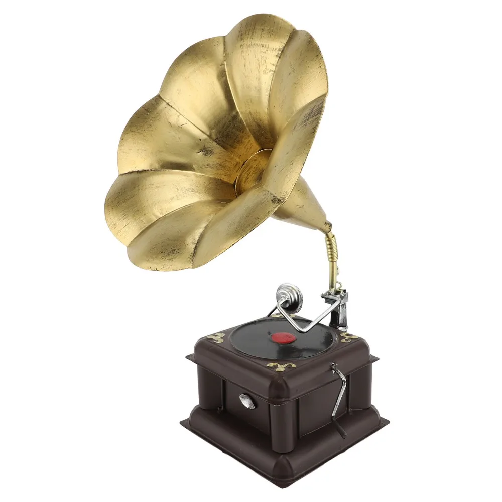 2pcs Iron Phonograph Model Red Bronze Nostalgic Gramophone Ornament Bronze Classical Gramophone Turntable Desk Decor