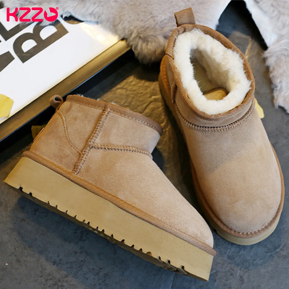 KZZO Women\'s Ultra Mini Platform Snow Boots Sheepskin Suede Leather Sheep Fur Lined Casual Thick Sole Ankle Winter Warm Shoes