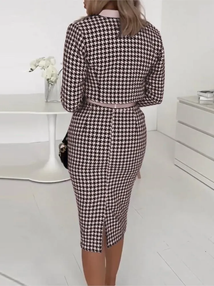 Autumn Winter Fashion Houndstooth Print 3 Piece Sets Women Long Sleeve Coat Tank & Pencil Skirt Suit Casual Party 3 Pcs Outfits