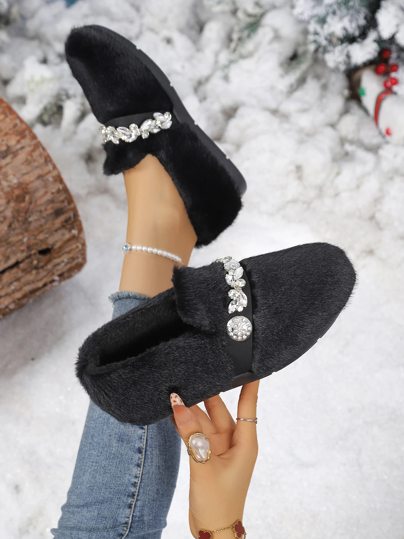 Damenstiefel, Pelzstiefel, Winterstiefel, flauschig, mit Strassverzierung, zum Hineinschlüpfen, warm, mit Fleece gefüttert, weiche Sohle, lässige Outdoor-Damenschuhe – Detail 11