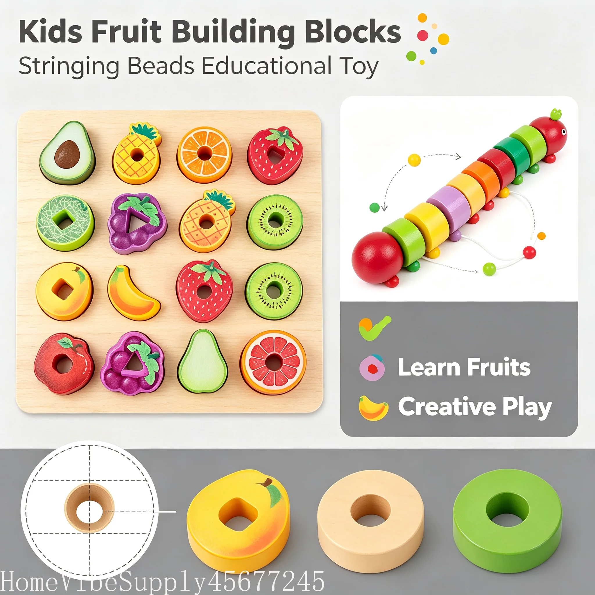Fruit Shape Wooden Block Threading Matching Toy for Infants, Educational Baby Game to Improve Cognitive & Fine Motor Skills, Preschool Parent-Child Interactive Toy