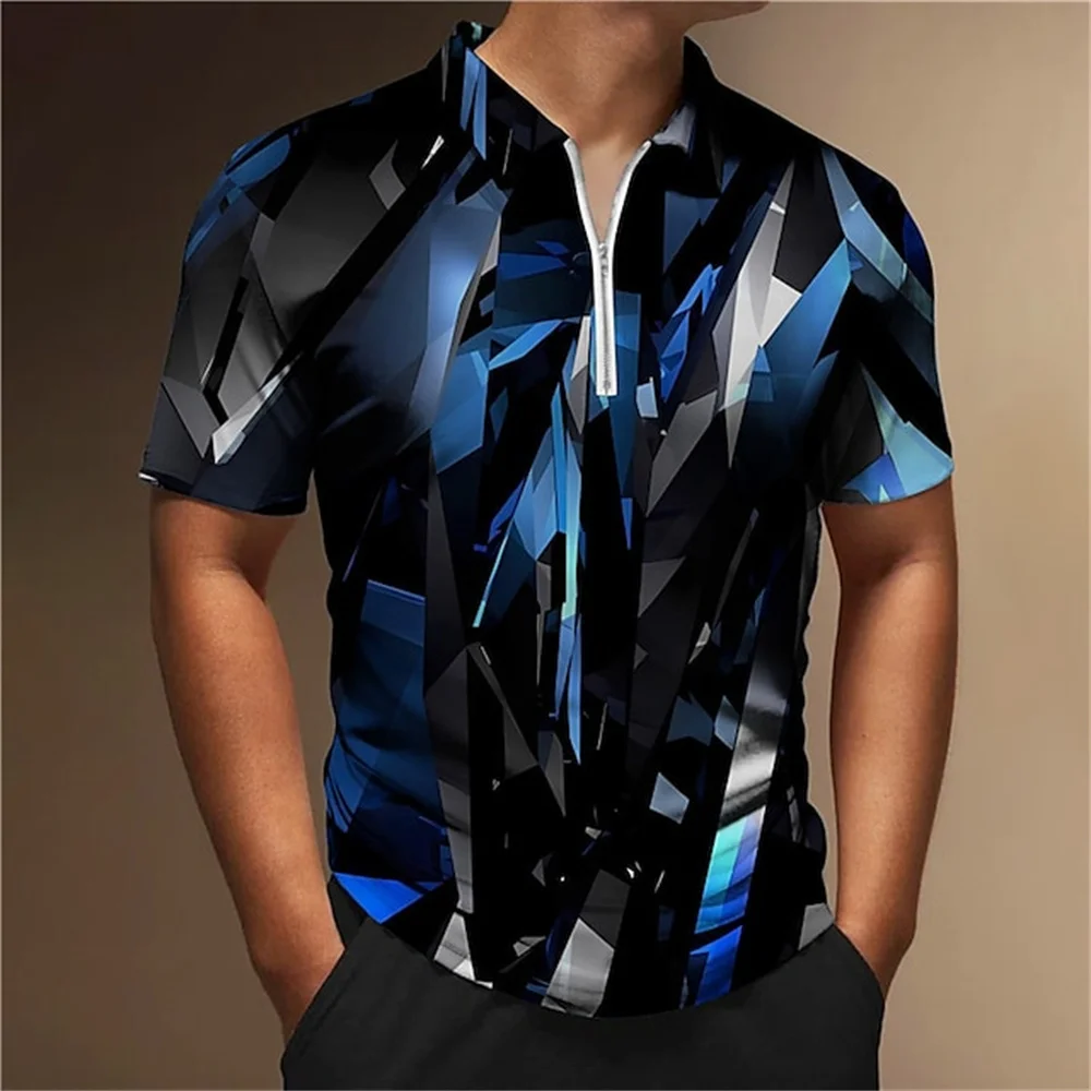 Fashion Summer Men's 3D Prints T-shirts Abstract Graphic Zip Polo Golf Shirt Male Turndown Tops Short Sleeves Zipper Clothing