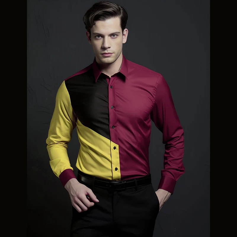 

New Men's Lapel Color Matching Long-sleeved Shirt Fashion Casual Suit Dress