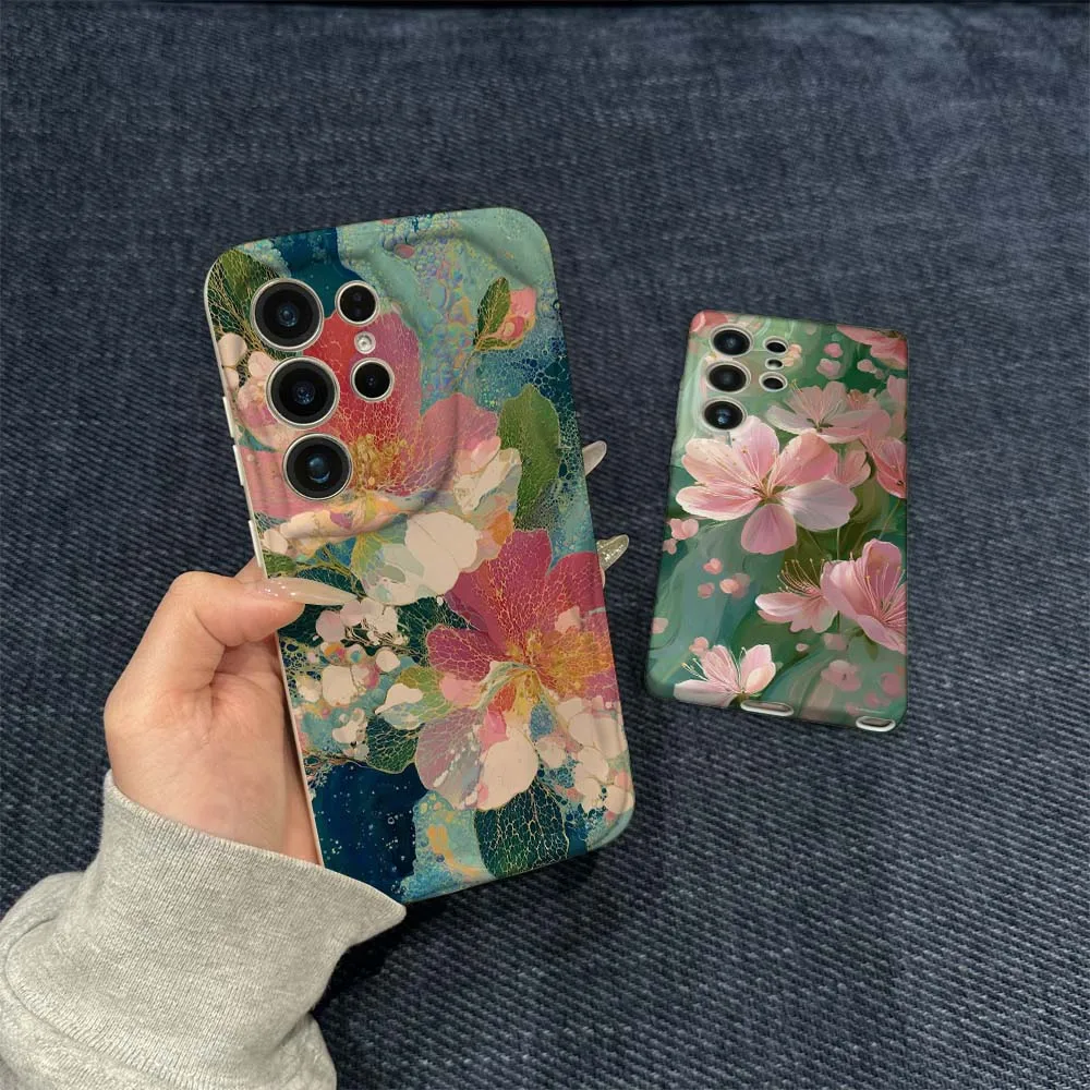 

Pink Cherry Blossom Art Phone Case For Samsung Galaxy S21 S23 S24 S25 S26 FE Lite Plus Ultra 5G Wave Oil Film