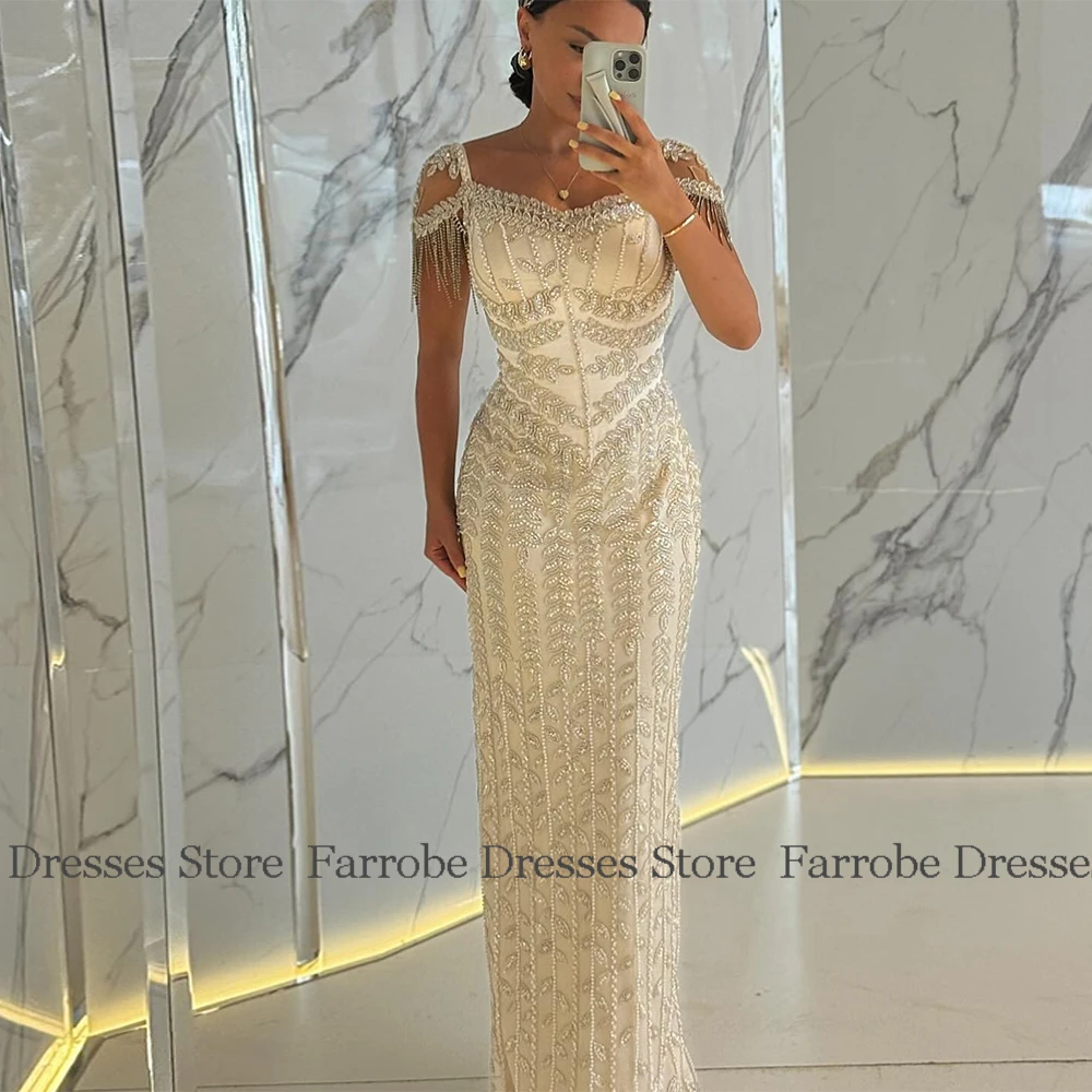 Charming Heavy Work Evening Dresses Satin Sheath/Column Valentine's Day Dress Ivory V-neck Beads Tassel Birthday Party Dresses image 5
