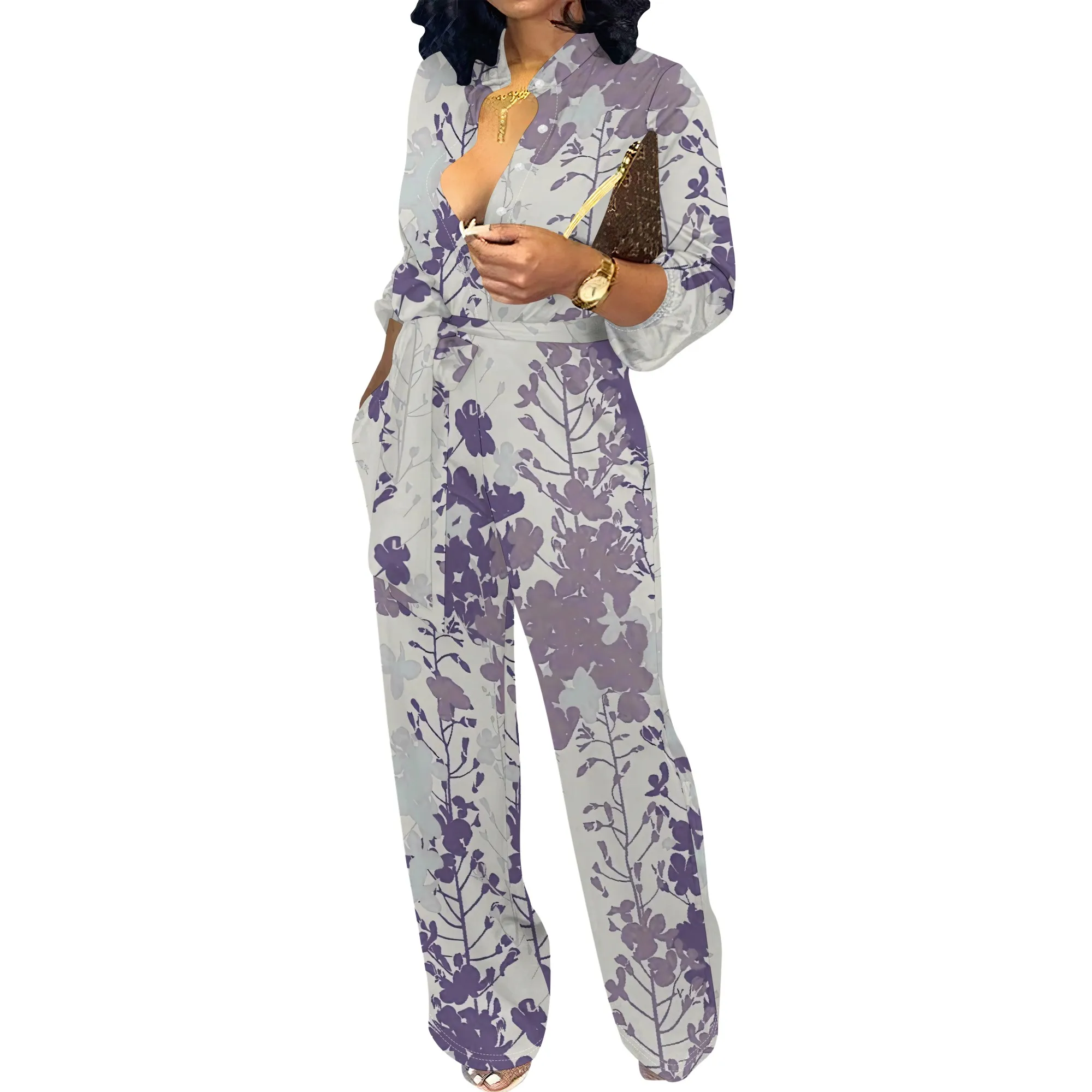 Women’s Long Sleeve Jumpsuit Ombre Gradient Color Belted Waist Wide Leg Elegant Casual Romper