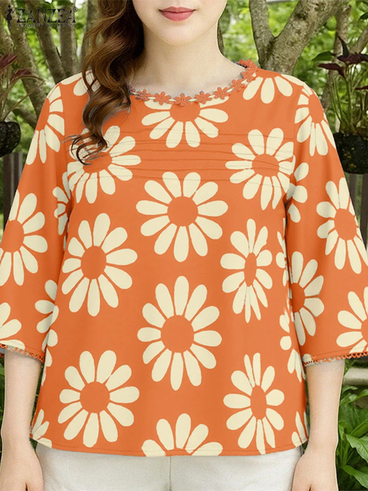 Camicette stampate floreali da donna 2025 ZANZEA Moda estiva O Collo Manica 3/4 Camicia da vacanza Casual Blusas allentati Bohemain Top femminili