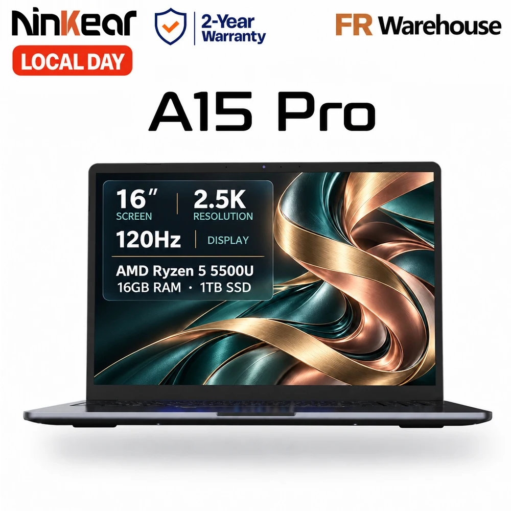 Ninkear A15 Pro Laptop 16 Pollici Display IPS 2.5K 120Hz AMD Ryzen 5 5500U 16GB RAM 1TB SSD Windows 11 WiFi 6 impronta digitale tastiera retroilluminata per lavoro studio
