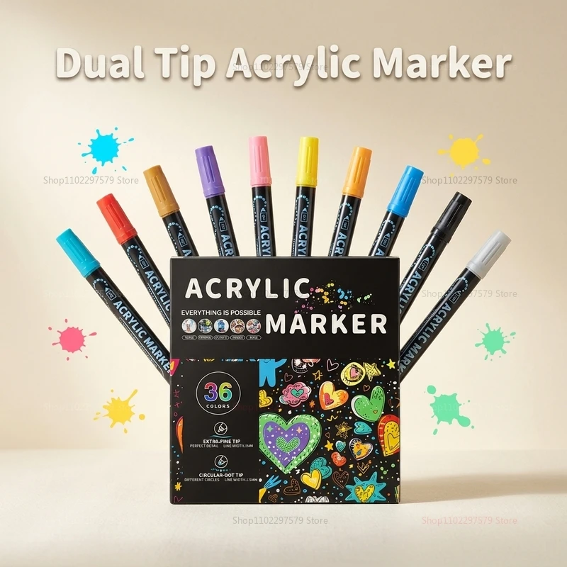 Professional 36 Color Acrylic Paint Markers Dual Tip Fine Brush for Calligraphy Crafting Surface Painting Art Supplies