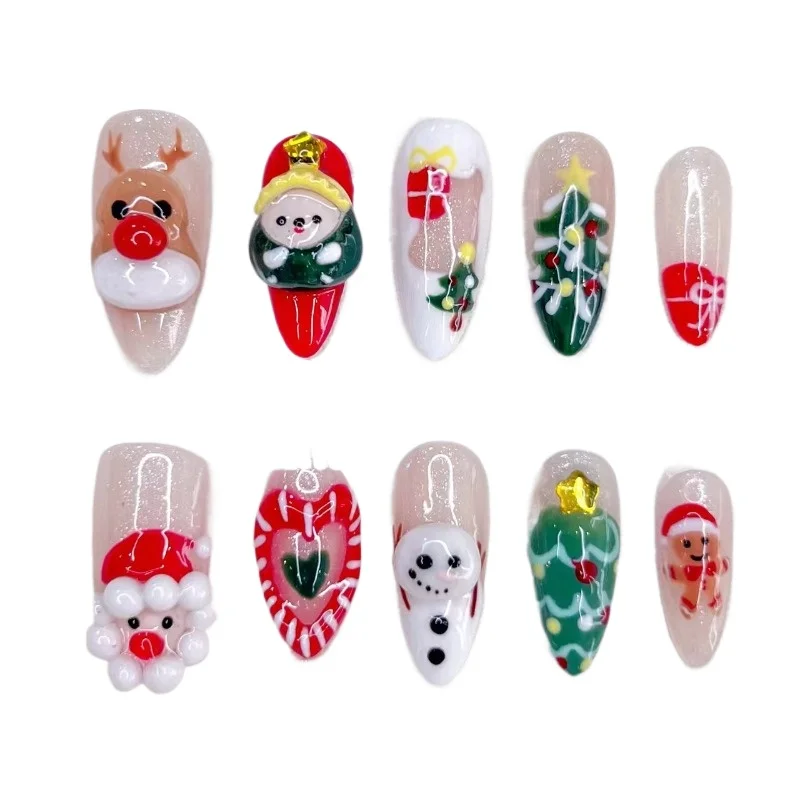 [Santa Claus] 3D Handmade Designer Fake Nail Relief Refers To Christmas Products with Fake Nails and A Gift Kit  False Nails