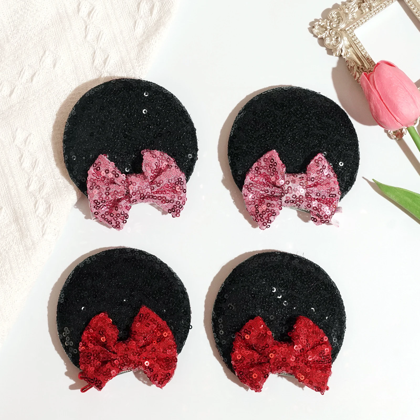 2Pcs Sequin Mouse Ears Hair Clips Glitter Hair Bows Cute Mice Ears Hair Clip Barrettes for Women Girls Hair Accessories forParty image 3