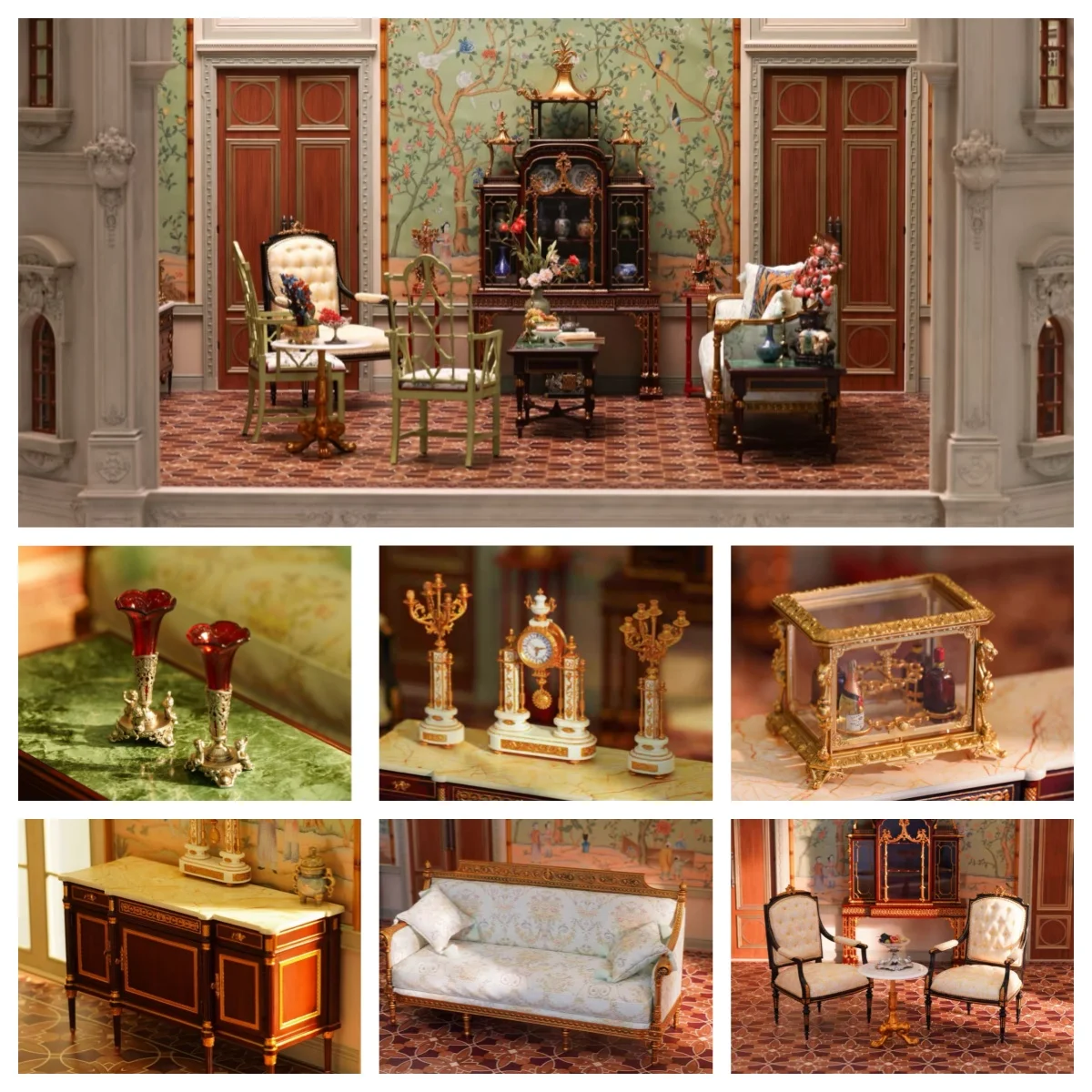 

1/6 French Chinoiserie Brass Furniture SinoCraft Realistic Wall Cabinet, Bamboo Chair Palace Clock, Swan Tray Dollhouse Diorama