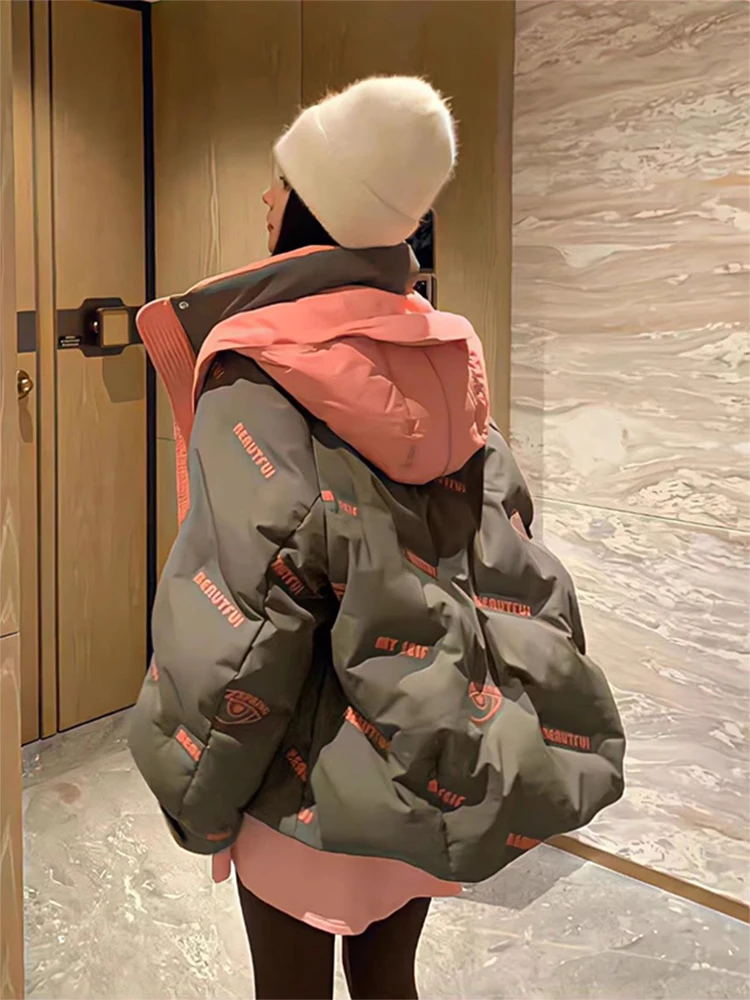 Fashionable Heavy-Weight Color Block Hooded down Jacket Women's Winter Warm Cotton Coat Letter Pattern All-Match Outerwear