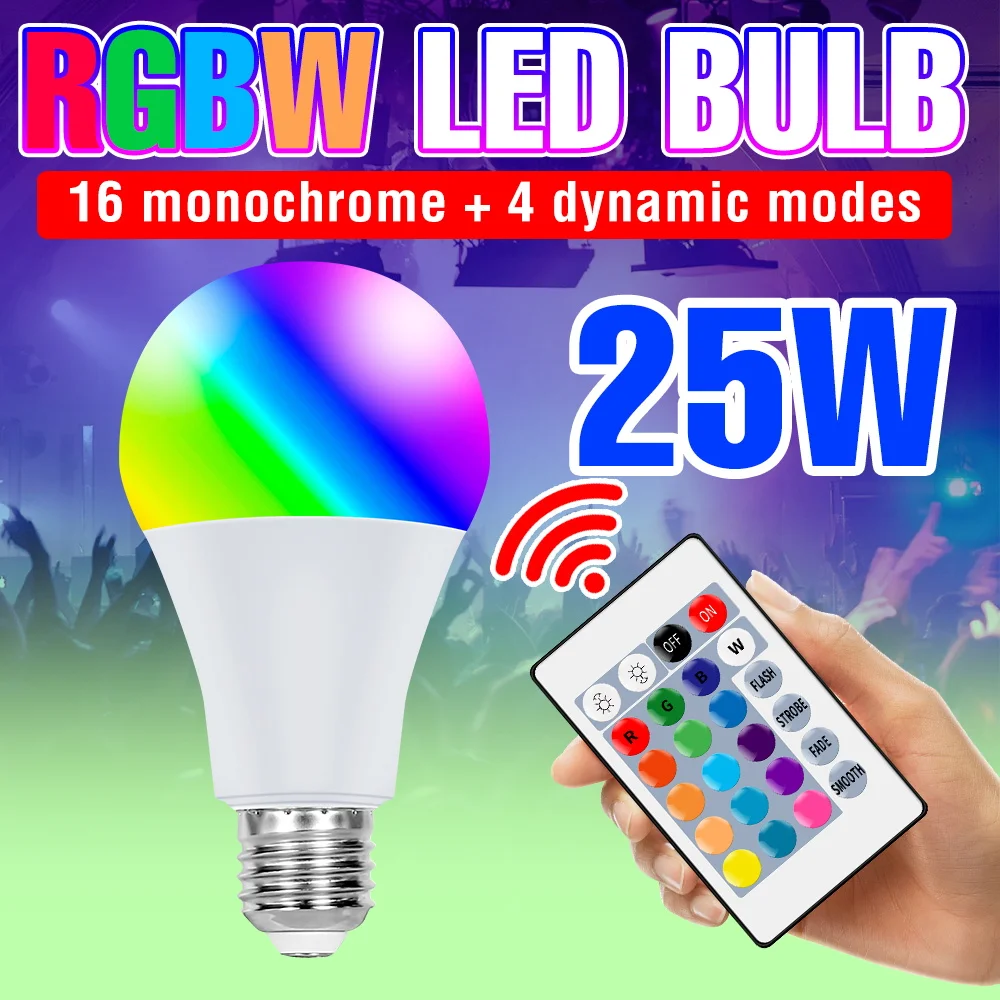25W LED RGB Light Bulb E27 Lamp 16 Colours Remote Control Dimmable Chandelier Bulbs 220V Atmosphere Lighting For Home Party 110V