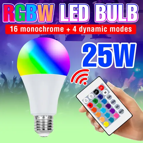 25W LED RGB Light Bulb E27 Lamp 16 Colours Remote Control Dimmable Chandelier Bulbs 220V Atmosphere Lighting For Home Party 110V