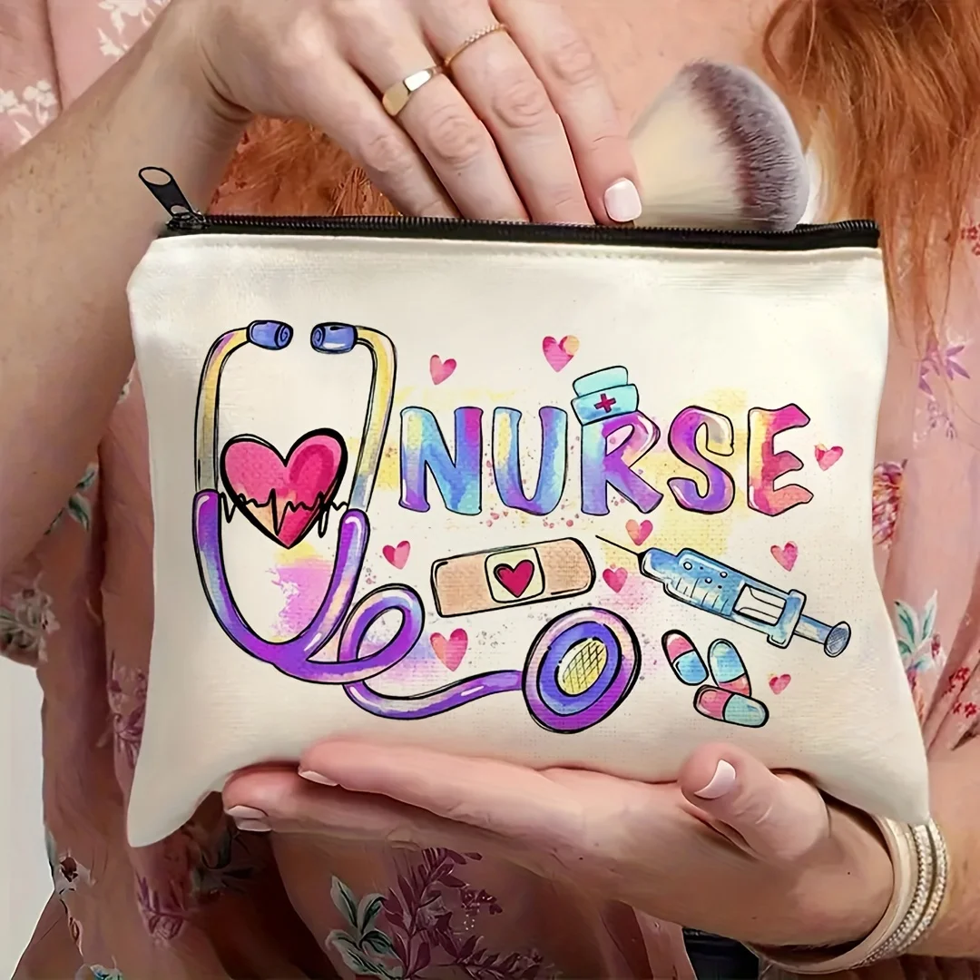 

1pc Nurse-Themed Print Makeup Bag - Large Capacity Stethoscope & NURSE Design With Hospital Icons (Bandage, Syringe)