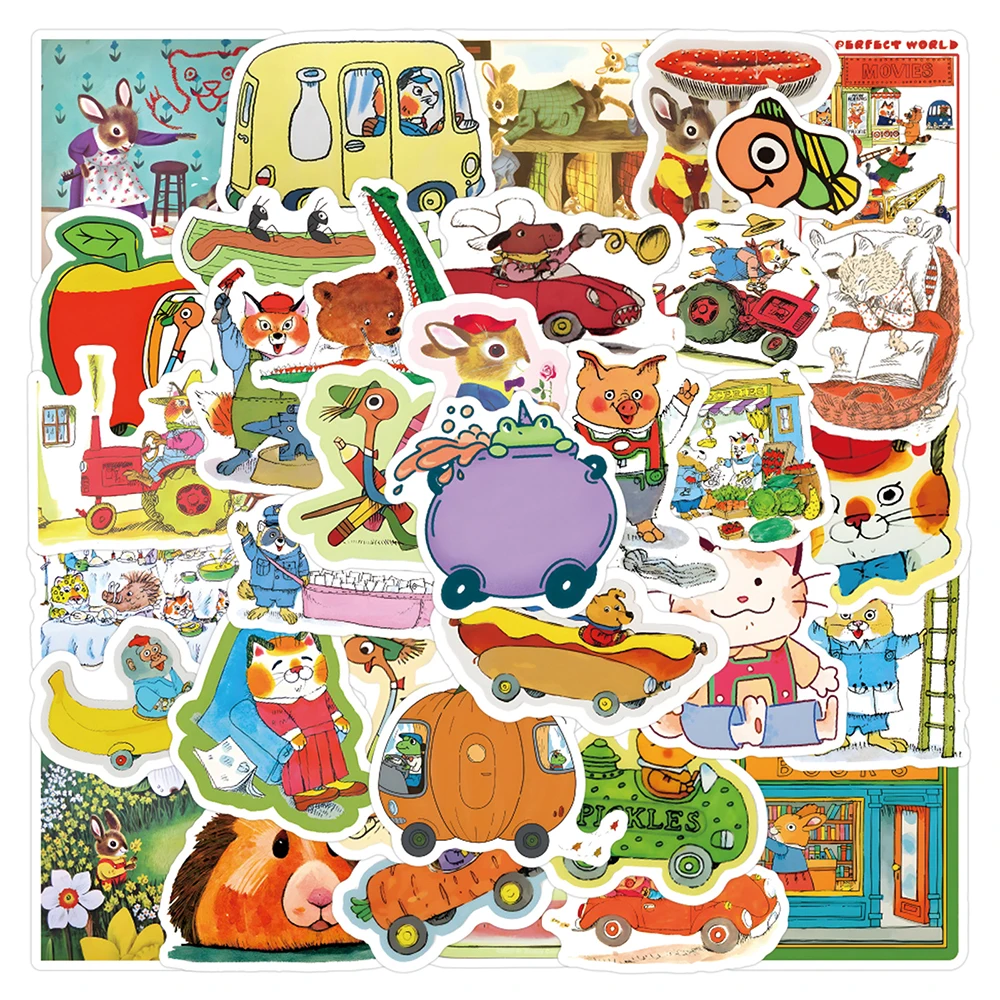 10/30/60pcs Funny Picture Book Cartoon Richard Scarry Stickers Waterproof DIY Scrapbook Guitar Helmet Cute Painting Sticker Toy