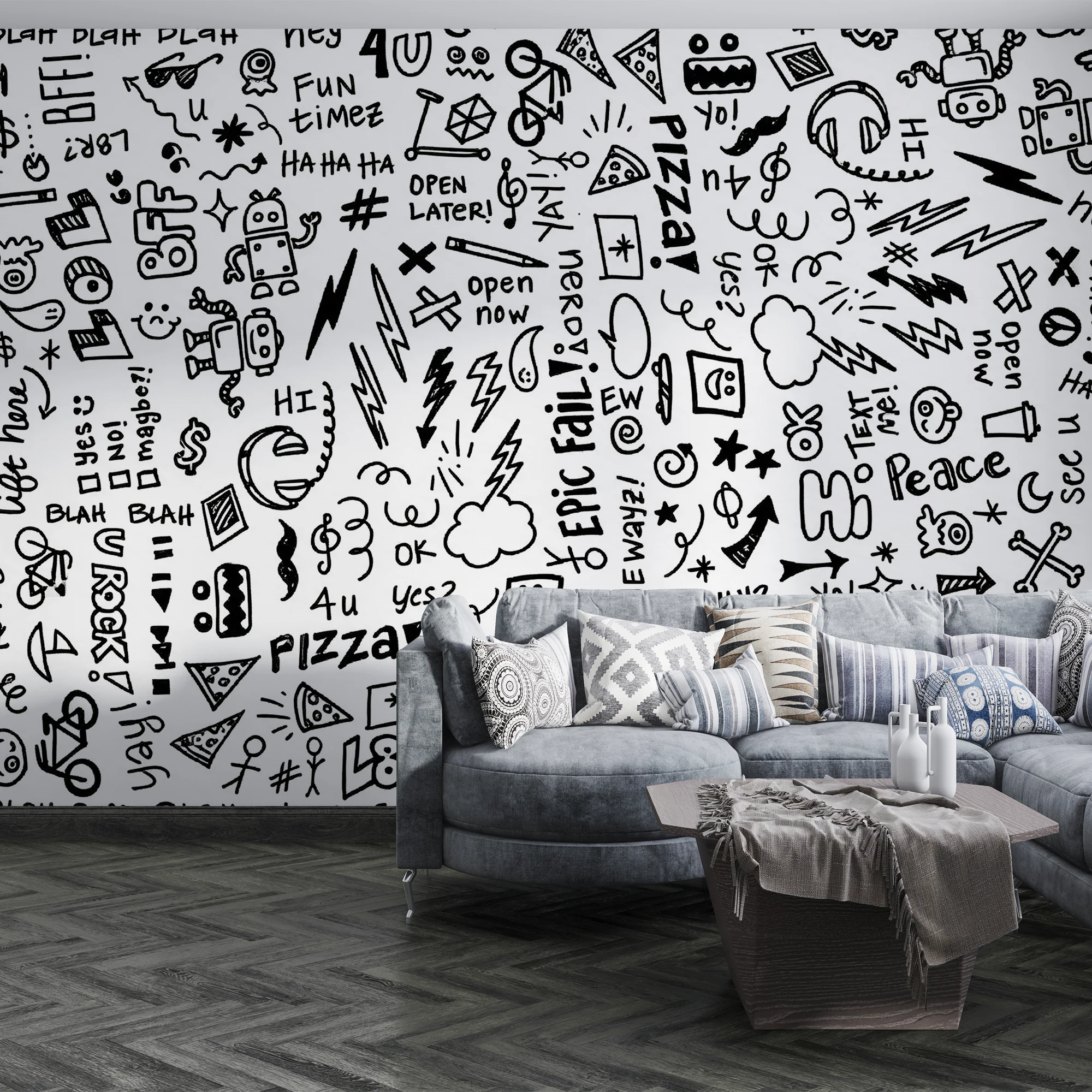 Milofi Custom Mural Wallpaper Black White Doodle Graffiti Seamless Pattern Cartoon Fun Kids Teen Boys Bedroom Wall Decor Papel