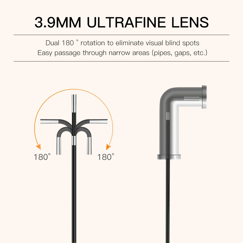 Endoscópio Industrial com Luz, 1080 HD, Direção 360 °, Tela IPS, Lente de Câmera de Inspeção para Le Simples e Duplo, 3,9mm, 6,3mm, 5 pol