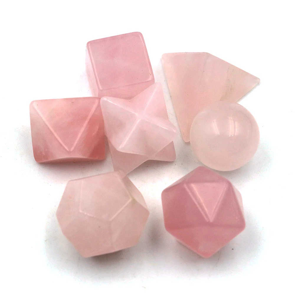 7Pcs Rose Quartz Platonic Solid Sacred Stones Geometry Set Natural Crystals Reiki Healing Gems for Meditation Chakra Balancing
