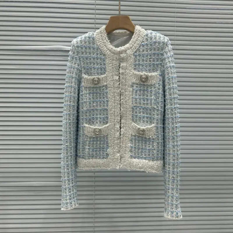 【CHUJIE】 سترة صوفية قصيرة على الطراز الفرنسي الجديد لخريف وشتاء 2025، متعددة الاستخدامات وكتلة الألوان منقوشة برقبة دائرية