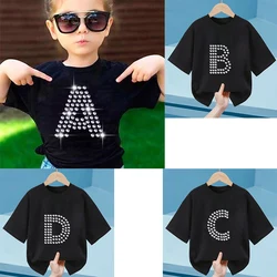 Fashion Girls Clothes2-9Years Kids Birthday T-shirt Rhinestone Letter Print Summer Short Sleeve T Shirt Children Party Clothing