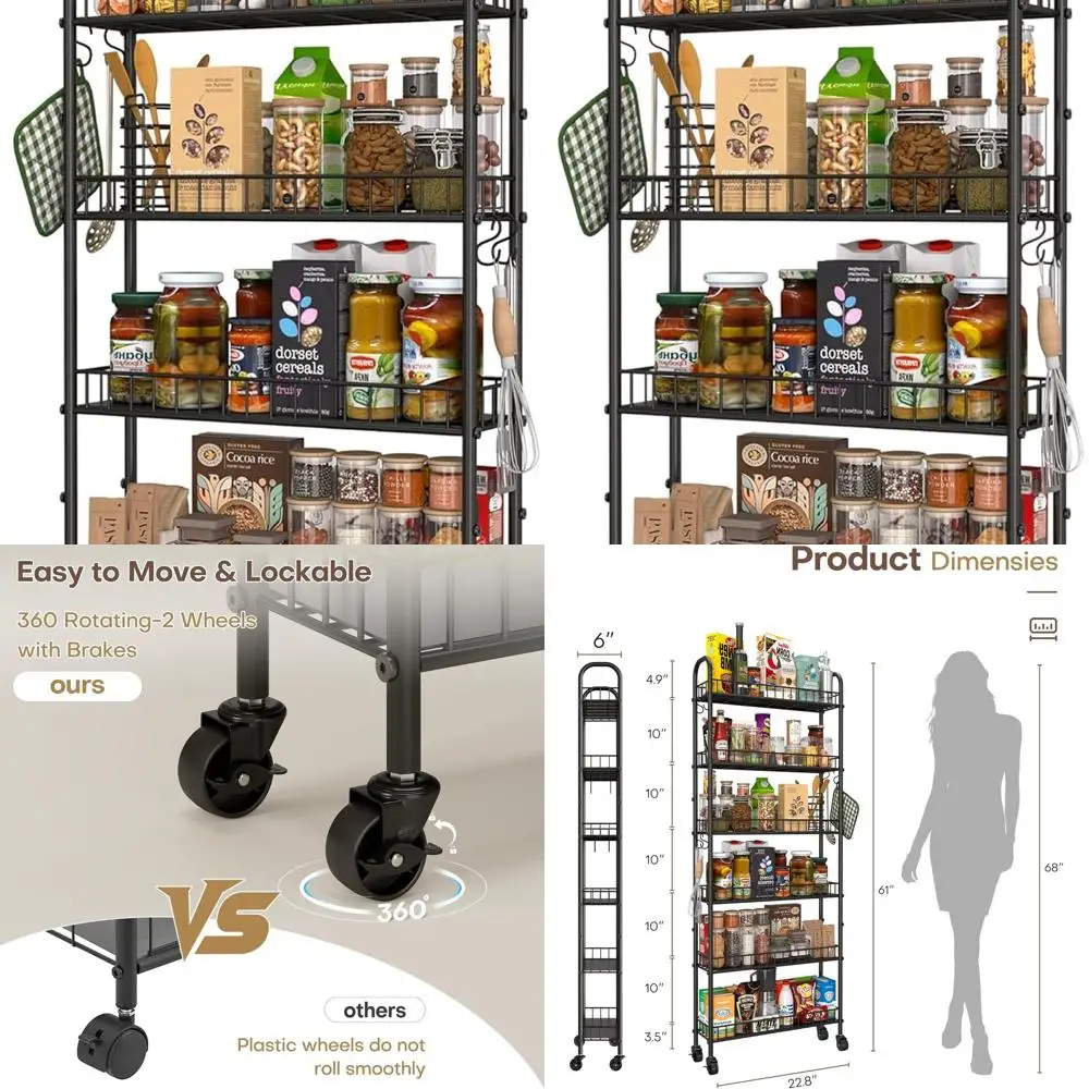 

6-уровневая металлическая тележка на колесиках для кухни, офиса и стирки — идеально подходит для узких помещений