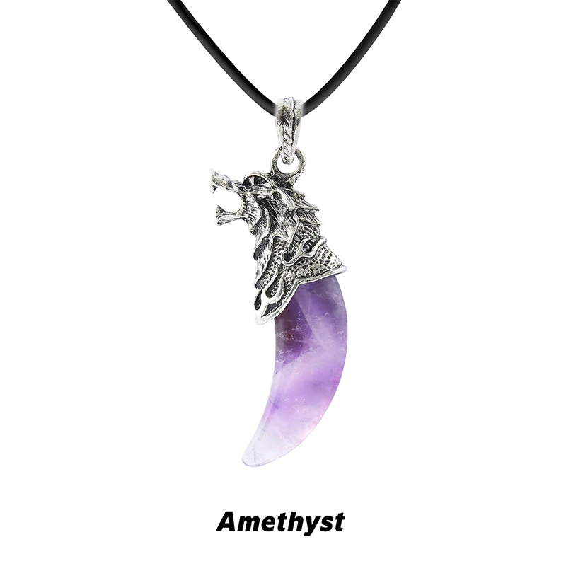 Wolf Tooth Pendant Necklace with Rose Quartz & Amethyst