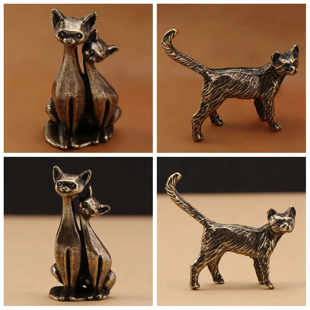Brass Cat Decorative Figurines Small Couple Cat Office Desktop Ornaments Vintage Cute Casual Decoration Crafts Home Desktop
