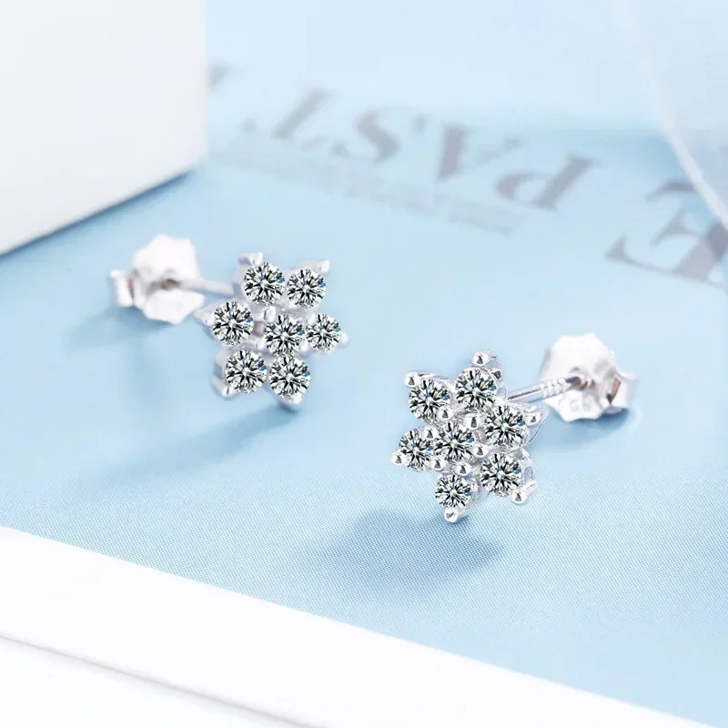 

Exquisite Store PT950 Platinum Full Moissanite Diamond Snowflake Earrings Jewelry, Unusual Halo Sun Flower Stud Earrings Women