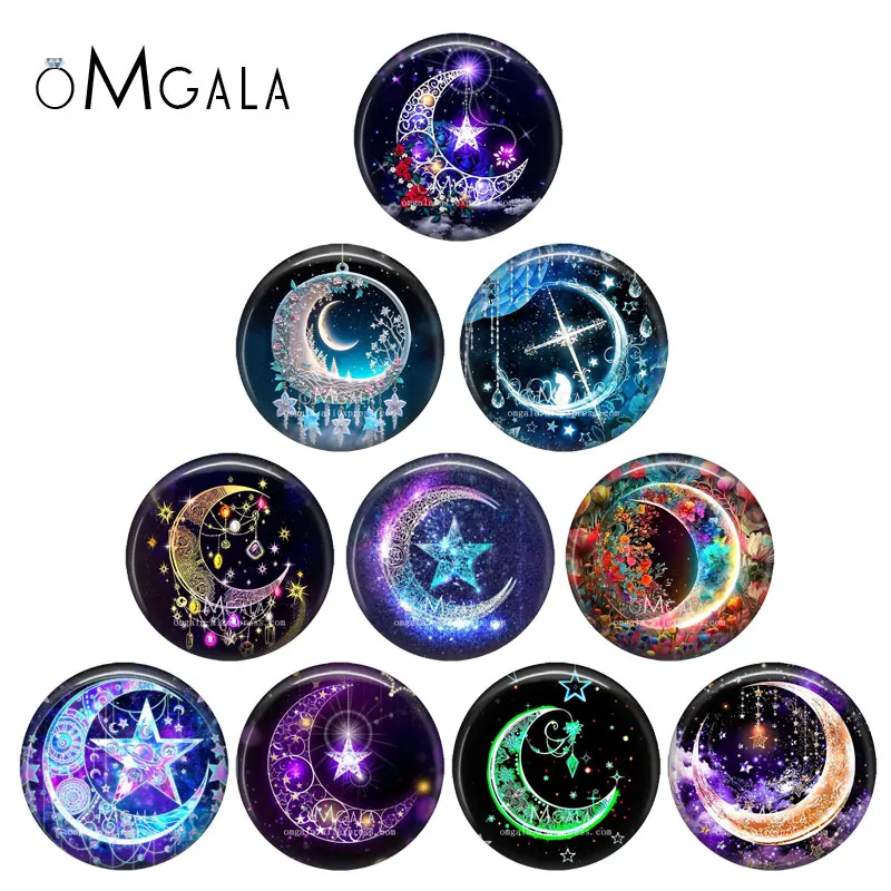 New Night Crescent Moon Style Stars 10pcs 12mm/18mm/20mm/25mm Round Photo glass cabochon demo flat back Making findings