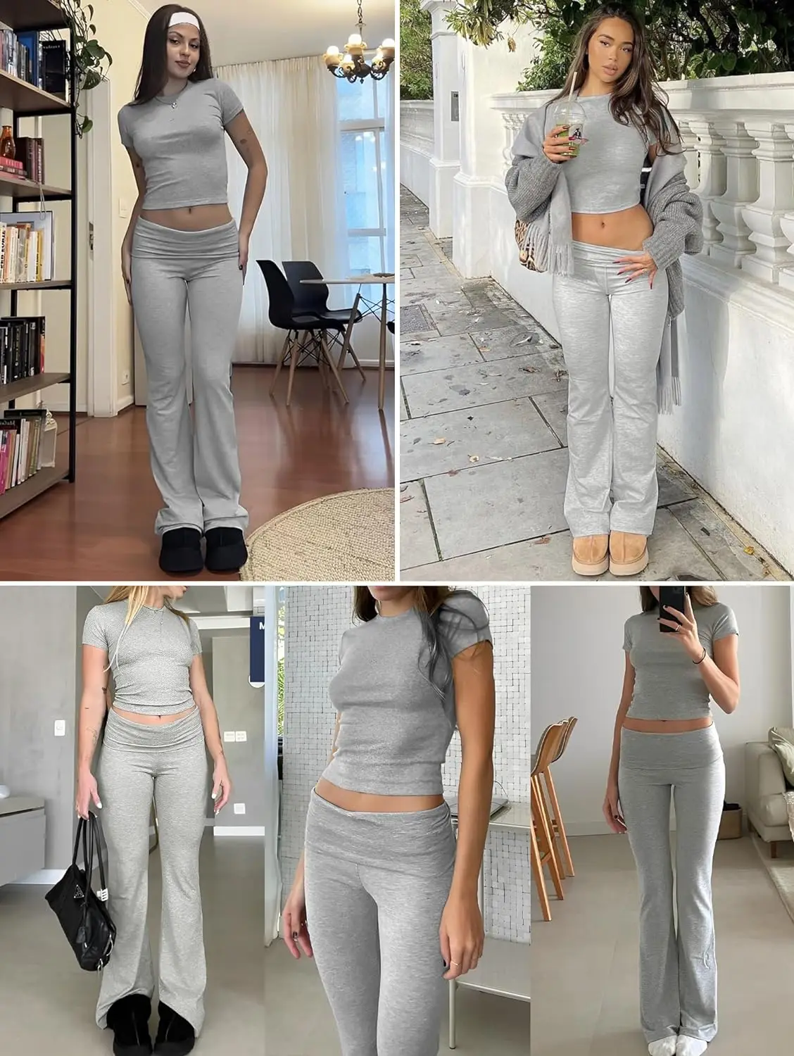 Casual Workout Two Piece Outfits for Women Crew Neck T-shirt and Low Rise Flare Pants Tracksuit Sets Streetwear