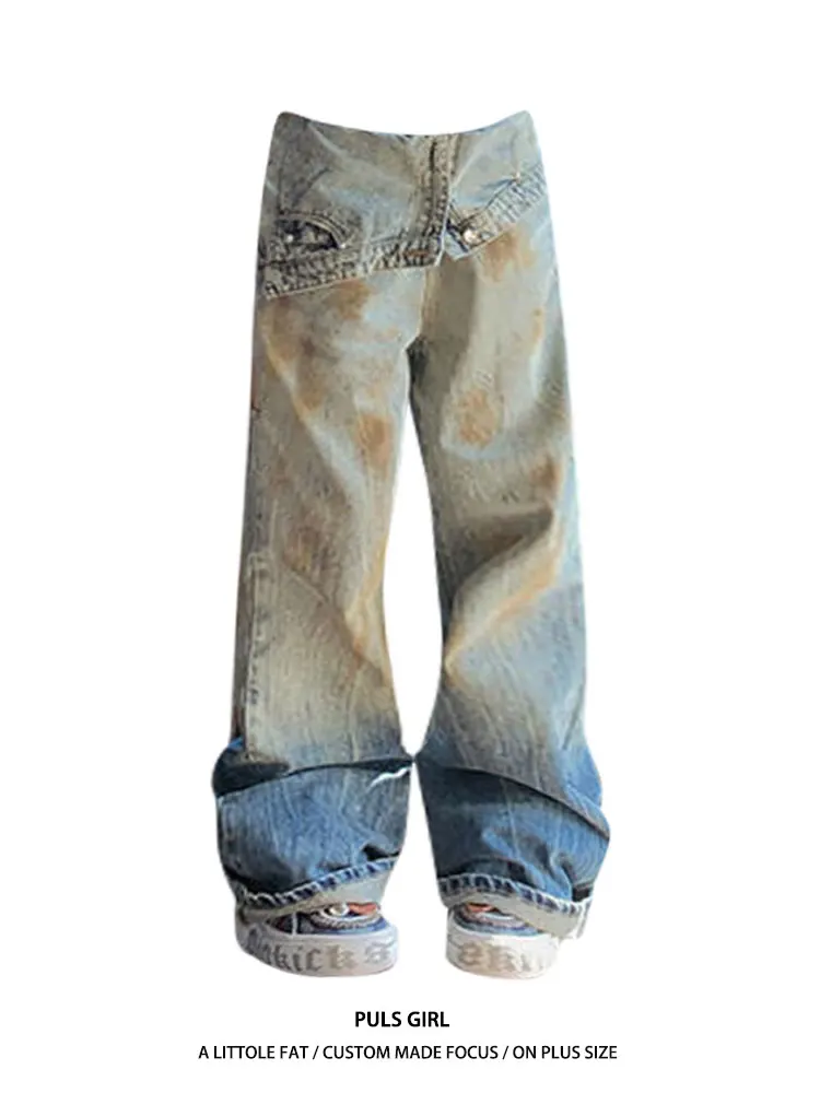 

Large Size American Retro Washed Gradient Uneven Hem Denim Jeans Women's Straight Floor-Length Pants Casual mid Waist