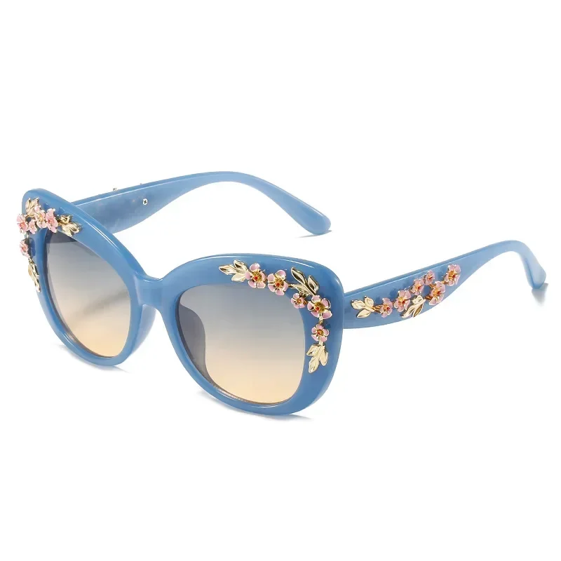 Lunettes de soleil œil de chat vintage pour femmes, lunettes décoratives en métal, lunettes de soleil à fleurs, design rétro, paupières rose, mode 2024