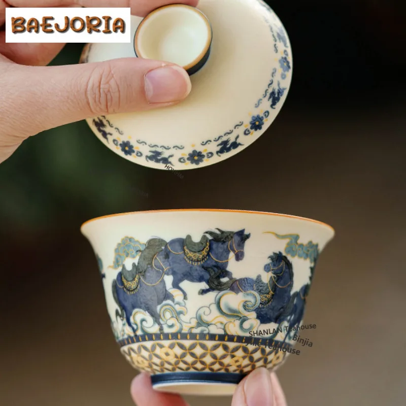 

110ml Decal Auspicious Clouds Eight Horses Gaiwan Retro Tea Tureen Tea Bowl With Lid Kit Tea Maker Cover Bowl Drinkware Gift