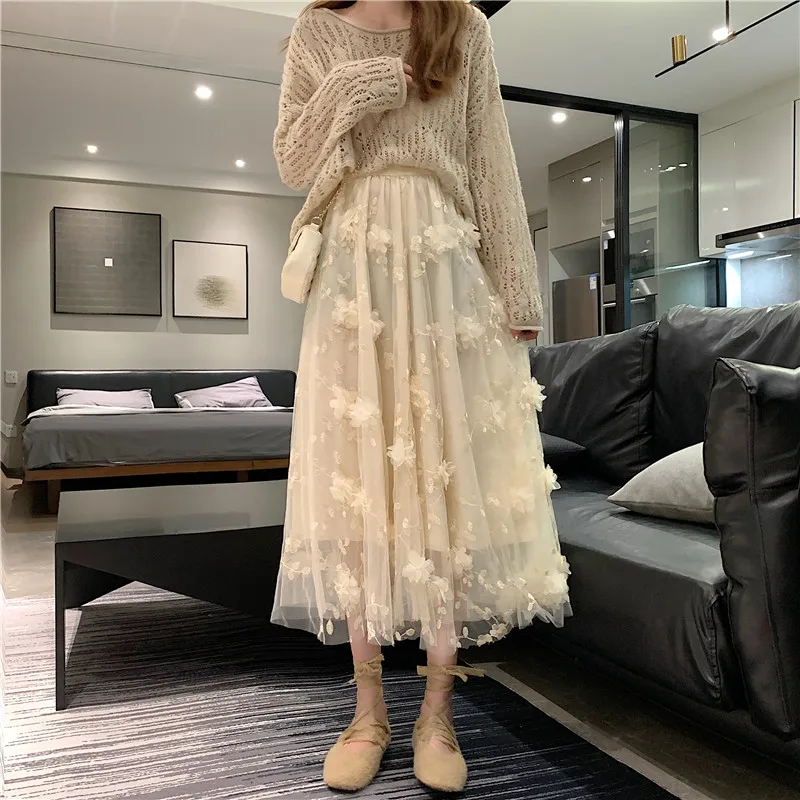 

Ele Mid-Length A-Line Skirt with Embroidered Floral Motifs And Oversized Hemline for Women in Autumn And Winter