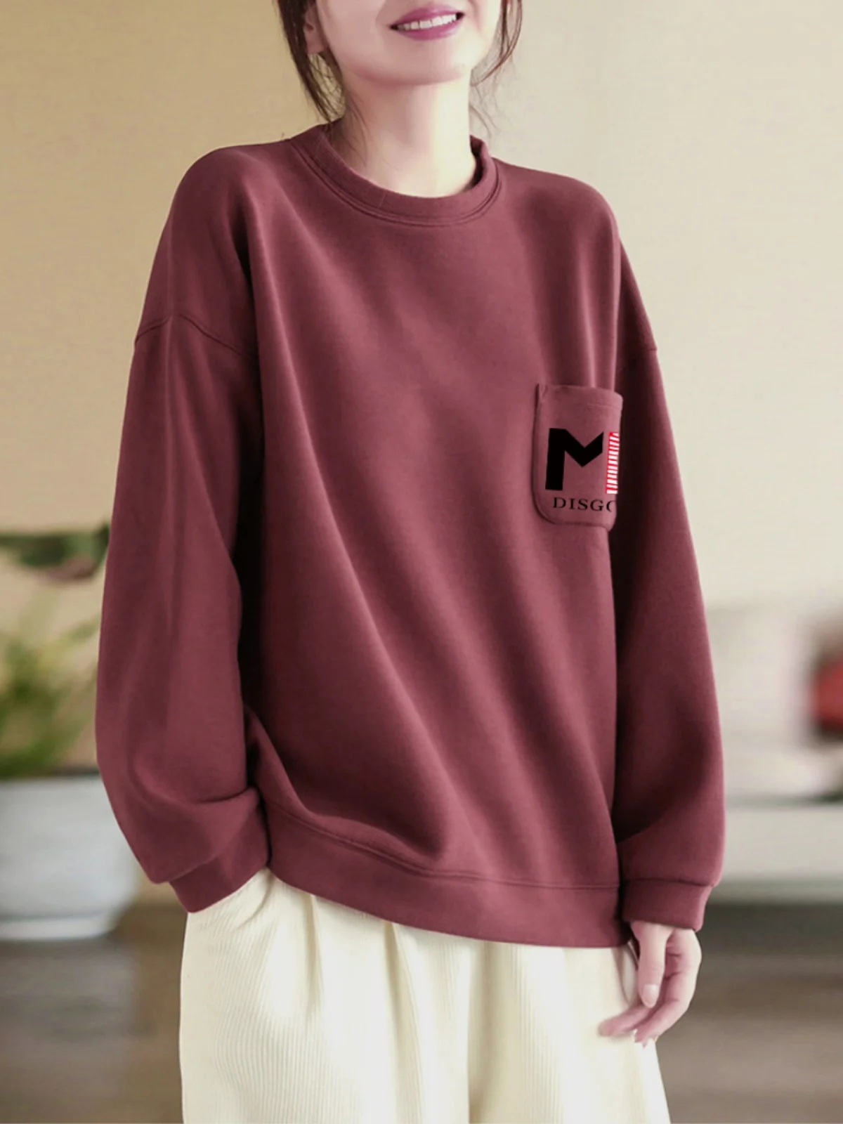 

Autumn Winter Women's Loose Fit Hoodie Casual Red Sweatshirt with Pocket Outerwear Trendy plus Size Comfortable Cotton Crew Neck