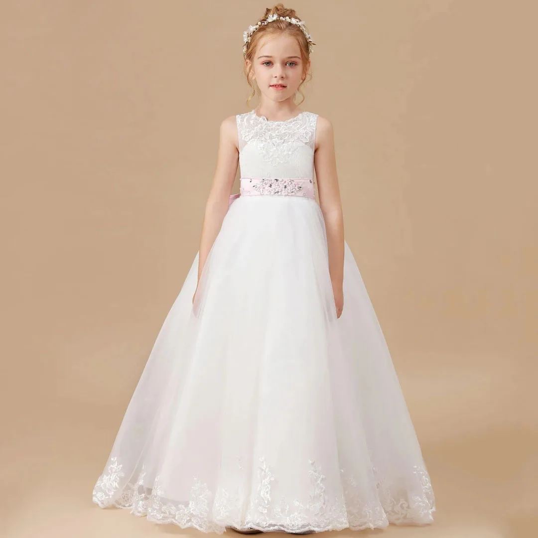 

Customized Flower Girl Dress White Tulle Floral Appliques Sleeveless For Wedding Birthday Party Prom Holy Communion Gown