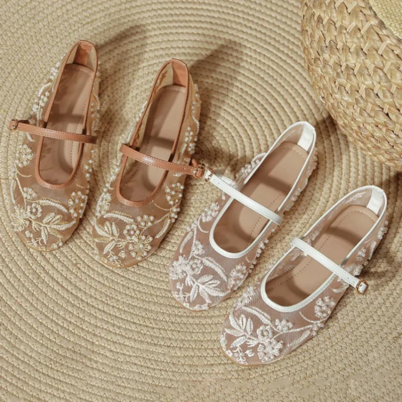 

Embroidery String Bead Mesh Ballet Flats Women Fashion White Pearl Mary Jane Shoes Light Summer Flats Elegant Cozy Flat Sandals