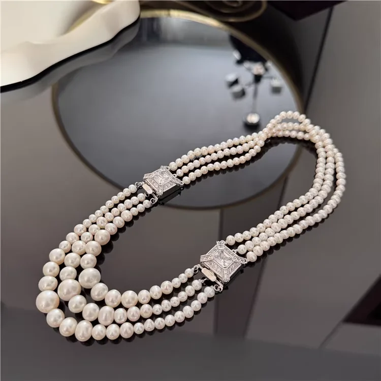 3 Rows Cultured Pearl  Silver Plated Connector Chokers  Necklace