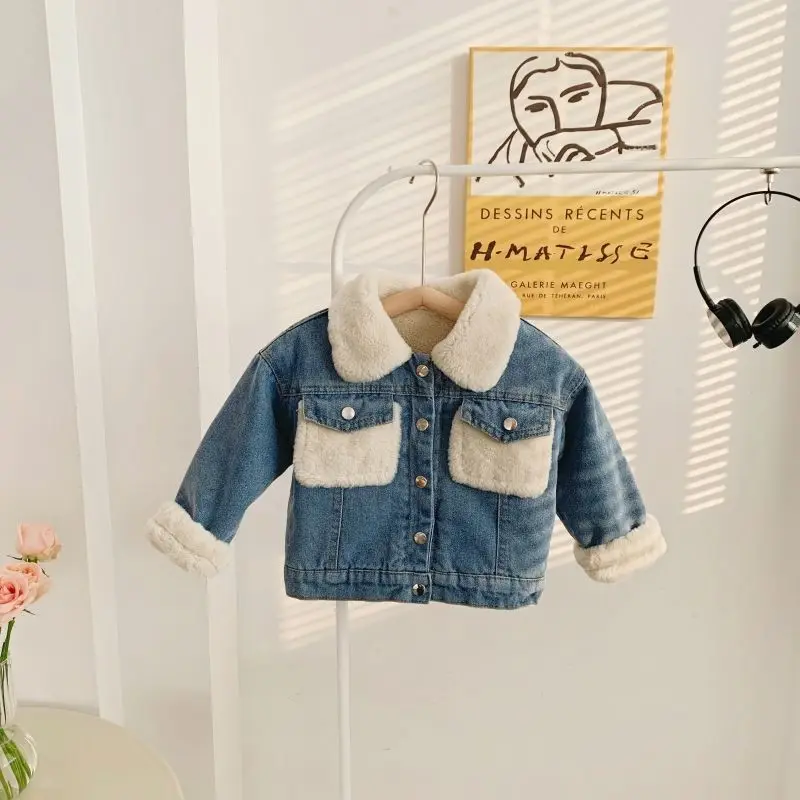 Children\'s Denim Jacket New Girls Plush and Thick Denim Jacket Korean Boys Baby Cotton Coat Autumn and Winter Clothing