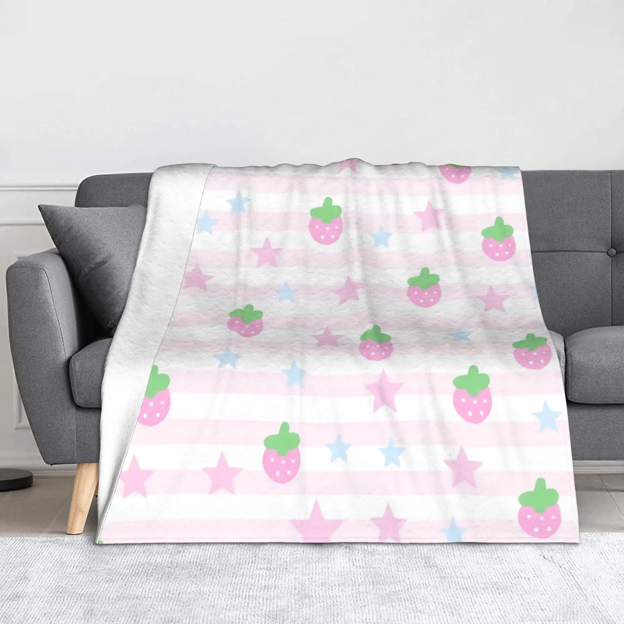 Strawberry Pastel Kawaii Star Pink Stripe Fleece Throw Blanket  Blankets for Sofa Car Lightweight Thin Bedding Throws