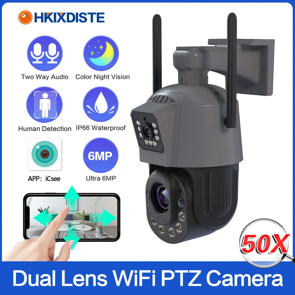 6MP Wifi PTZ IP Security Camera Outdoor Dual Lens Dual Screen 50X Zoom Color Night Vision Wireless CCTV Surveillance Camera P2P