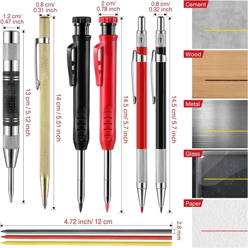 Carpenter Pencil Set, 4 Colorful Solid Carpenter Pencils With Sharpener, Refills, Automatic Center Punch