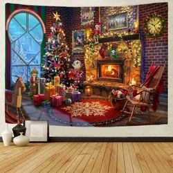 Christmas decoration tapestry, Christmas tree, snow view, fireplace, Christmas gifts, room wall decoration, living room, bedroom