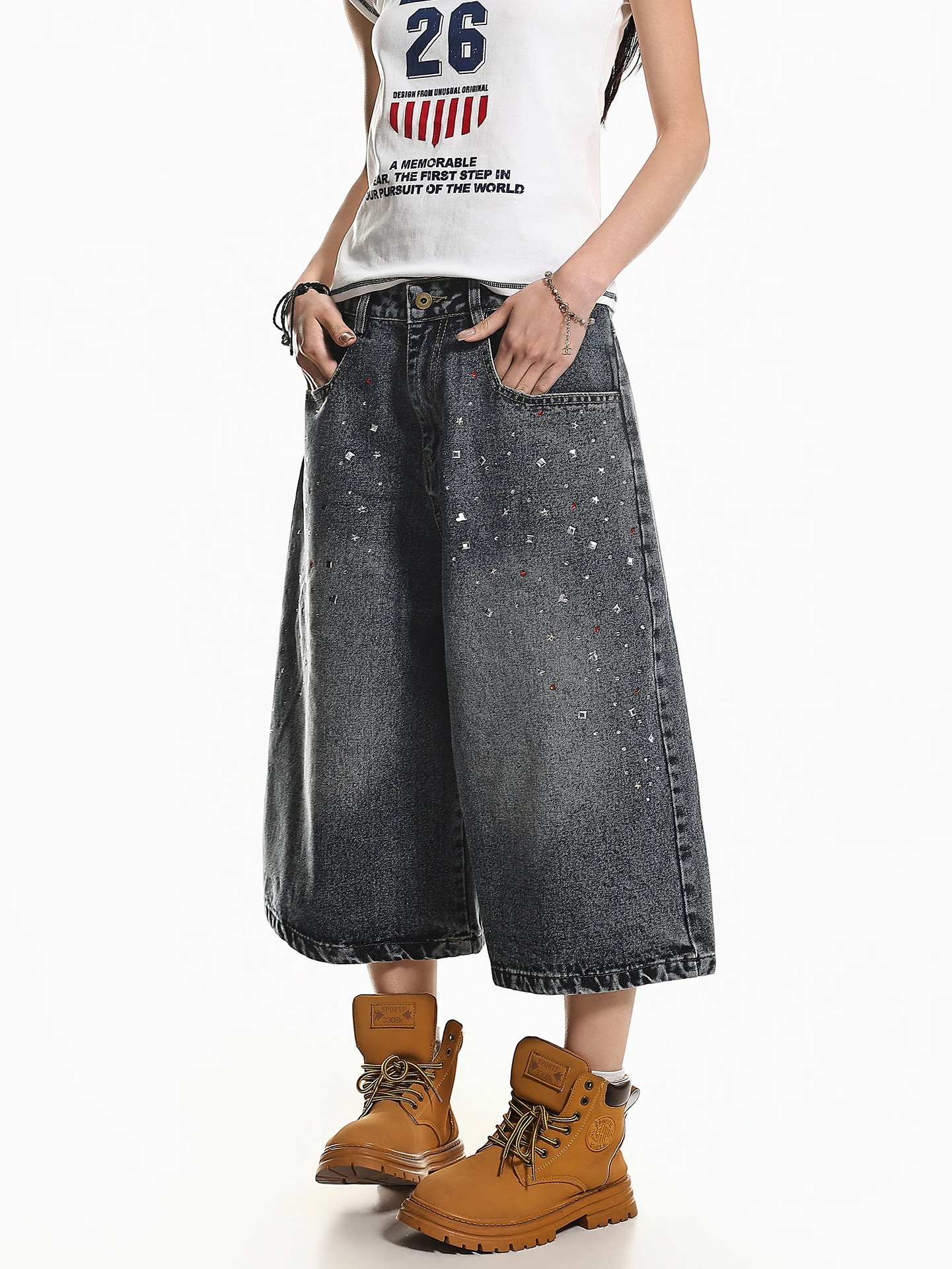 

XPKAEAX American High Street Retro Wash Design Sensation Rhinestone High Waist Loose Wide Leg Denim Seven-Foot Pants Women Su...