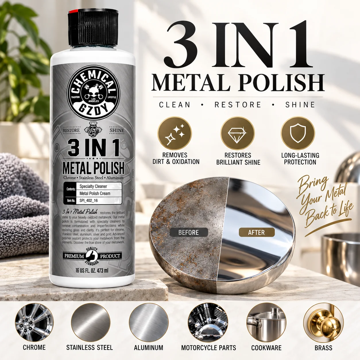 3 in 1 Metal Polish Cream, Oxidation Remover & Shine Restorer for Chrome, Stainless Steel, Aluminum, Brass & Copper