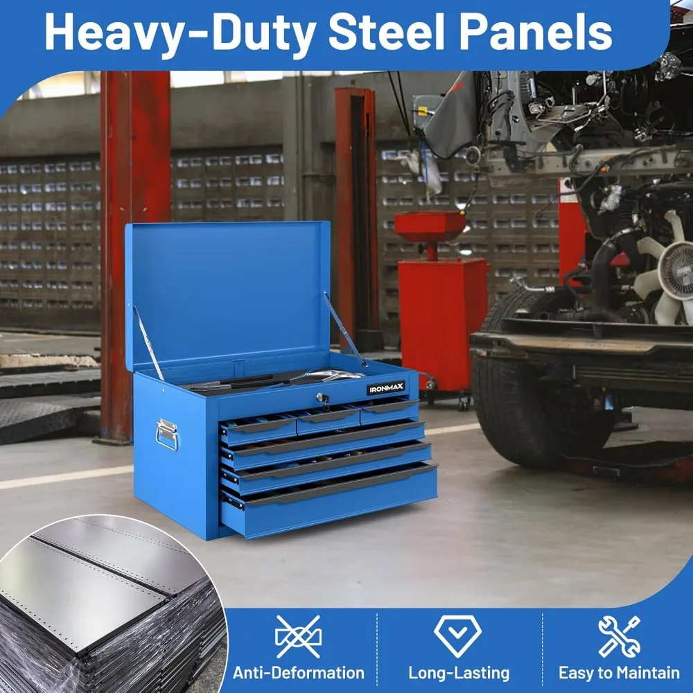 Tool Box, 24” Steel Tool Chest w/6 Drawers, Top Tool Tray,Automatic Lock, Protective Liners, Handle, Smooth Ball Bearing Sides