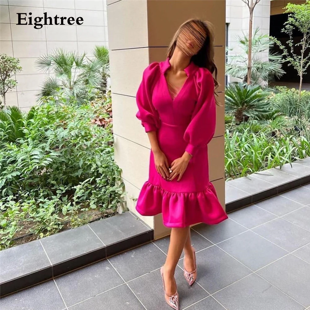 

Eightree Saudi Arabia Short Prom Dresses 2024 Stain Keen Length V-Neckline Vintage Puff Sleeves Robes De Soirée Evening Dresses